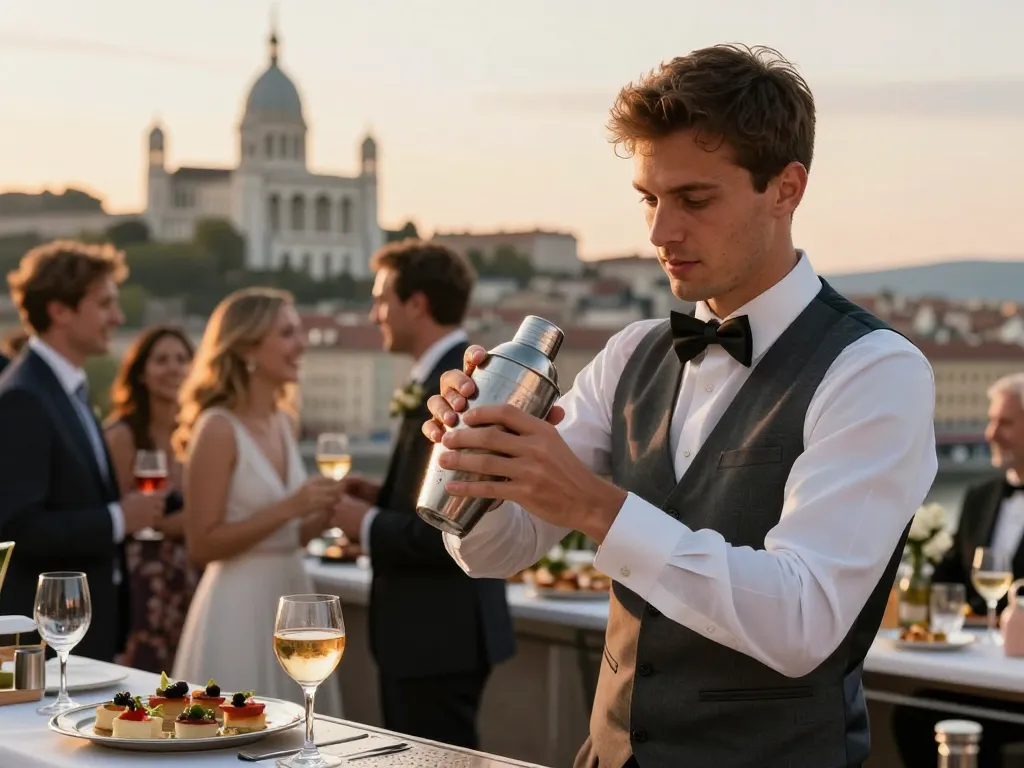 Barman en action avec un shaker en inox, Lyon en arrière-plan
